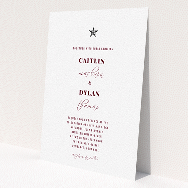 A personalised wedding invite design named 'North Star'. It is an A6 invite in a portrait orientation. 'North Star' is available as a flat invite, with mainly white colouring.