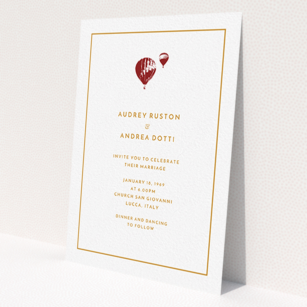 A personalised wedding invite design named 'Off and away'. It is an A6 invite in a portrait orientation. 'Off and away' is available as a flat invite, with tones of white and orange.