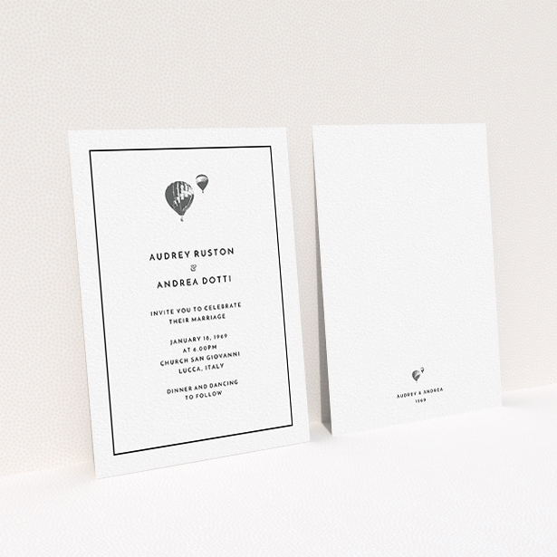 A personalised wedding invite design called "Off and away". It is an A6 invite in a portrait orientation. "Off and away" is available as a flat invite, with tones of white and grey.