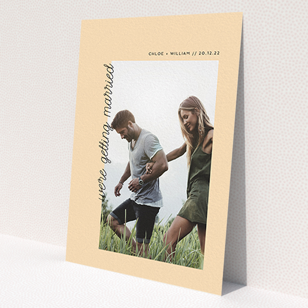 A personalised wedding invite template titled 'Old Orange'. It is an A6 invite in a portrait orientation. It is a photographic personalised wedding invite with room for 1 photo. 'Old Orange' is available as a flat invite, with mainly faded orange colouring.