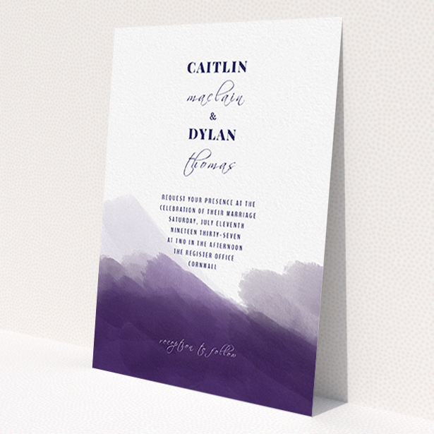 A personalised wedding invite design called "Purple halftone". It is an A6 invite in a portrait orientation. "Purple halftone" is available as a flat invite, with tones of dark purple and white.