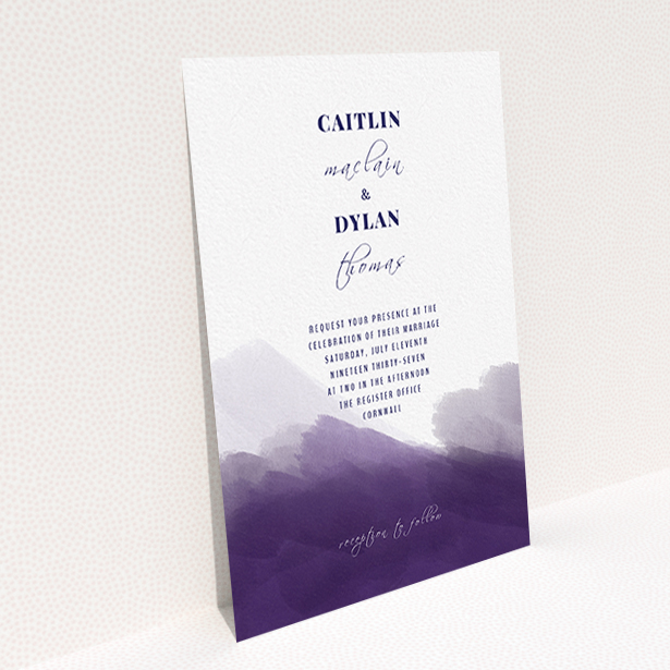 A personalised wedding invite design called "Purple halftone". It is an A6 invite in a portrait orientation. "Purple halftone" is available as a flat invite, with tones of dark purple and white.