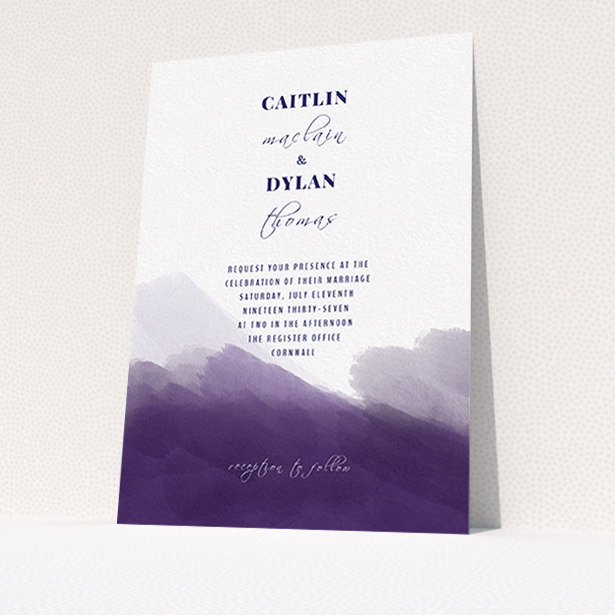 A personalised wedding invite design called "Purple halftone". It is an A6 invite in a portrait orientation. "Purple halftone" is available as a flat invite, with tones of dark purple and white.