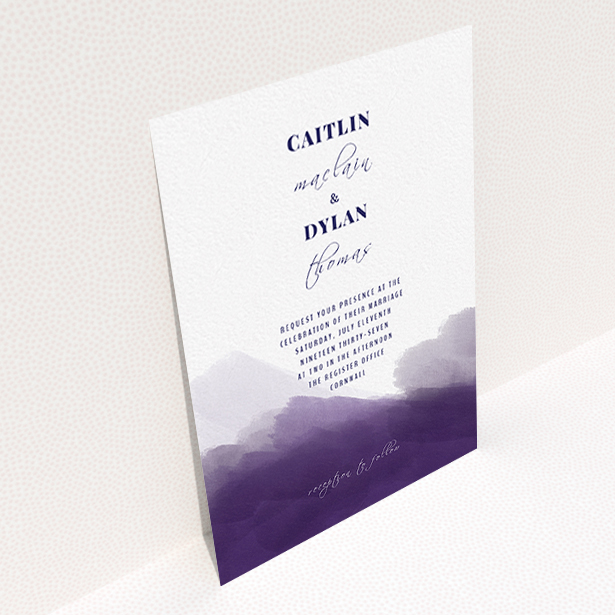 A personalised wedding invite design called "Purple halftone". It is an A6 invite in a portrait orientation. "Purple halftone" is available as a flat invite, with tones of dark purple and white.