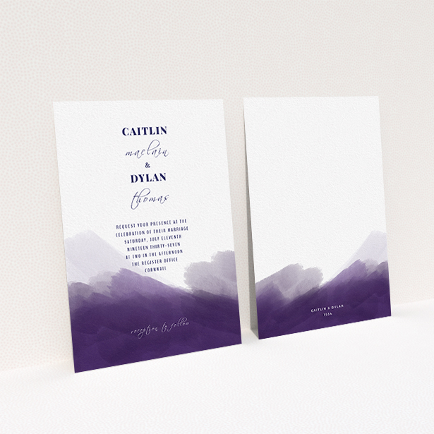 A personalised wedding invite design called "Purple halftone". It is an A6 invite in a portrait orientation. "Purple halftone" is available as a flat invite, with tones of dark purple and white.