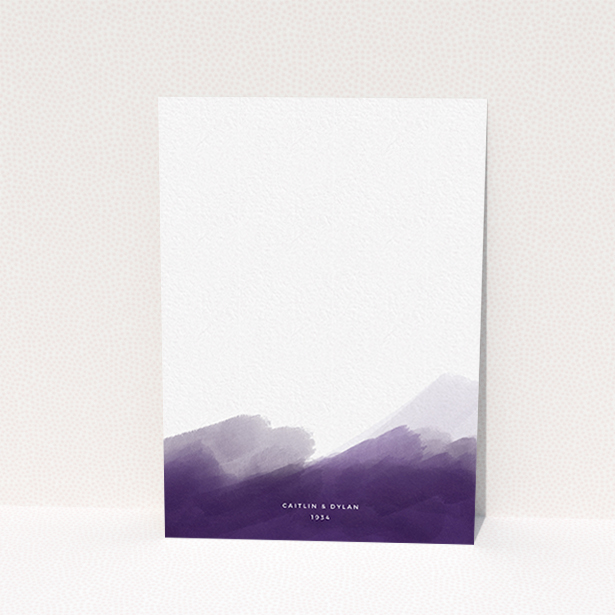 A personalised wedding invite design called "Purple halftone". It is an A6 invite in a portrait orientation. "Purple halftone" is available as a flat invite, with tones of dark purple and white.