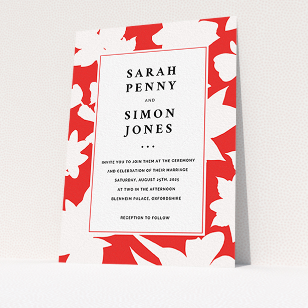 A personalised wedding invite called "Red Flowers". It is an A6 invite in a portrait orientation. "Red Flowers" is available as a flat invite, with tones of red and white.