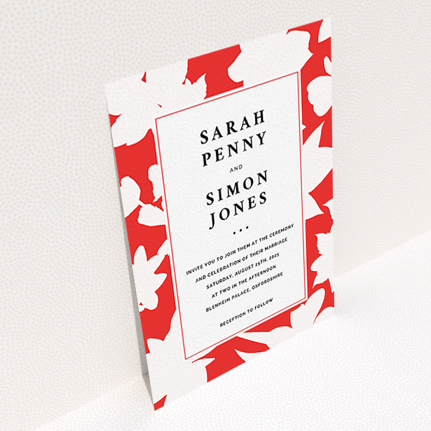 A personalised wedding invite called "Red Flowers". It is an A6 invite in a portrait orientation. "Red Flowers" is available as a flat invite, with tones of red and white.