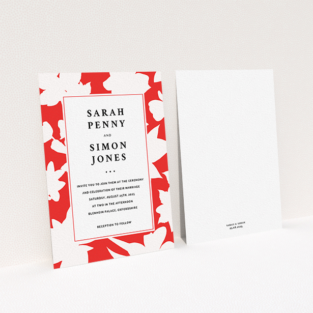 A personalised wedding invite called "Red Flowers". It is an A6 invite in a portrait orientation. "Red Flowers" is available as a flat invite, with tones of red and white.