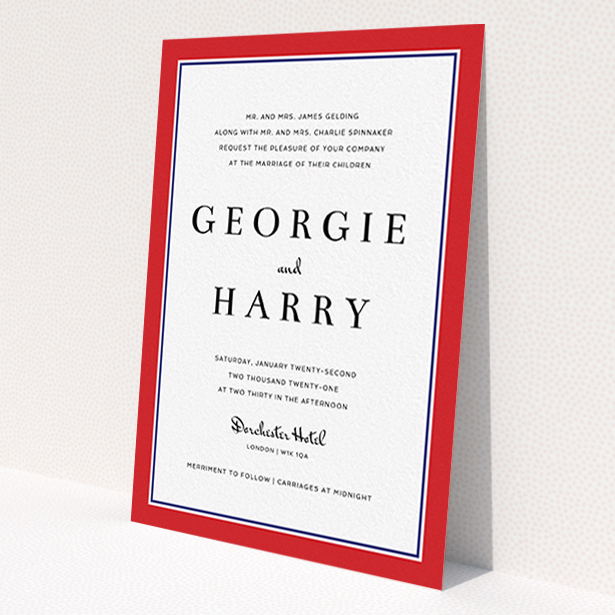 A personalised wedding invite design named 'Red with Blue'. It is an A6 invite in a portrait orientation. 'Red with Blue' is available as a flat invite, with tones of red and blue.
