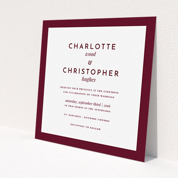 A personalised wedding invite template titled 'Script switch'. It is a square (148mm x 148mm) invite in a square orientation. 'Script switch' is available as a flat invite, with tones of burgundy and white.