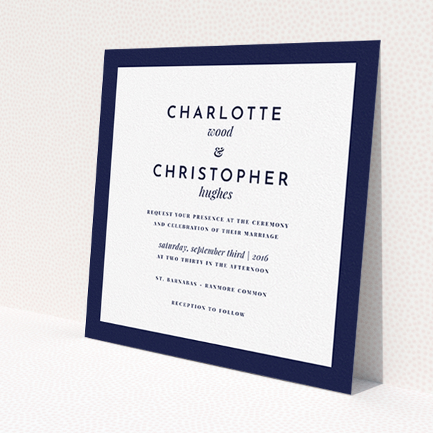 A personalised wedding invite design called 'Script switch'. It is a square (148mm x 148mm) invite in a square orientation. 'Script switch' is available as a flat invite, with tones of navy blue and white.