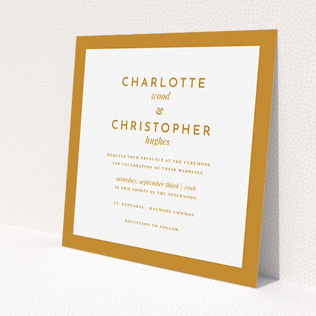 A personalised wedding invite design called 'Script switch'. It is a square (148mm x 148mm) invite in a square orientation. 'Script switch' is available as a flat invite, with tones of orange and white.
