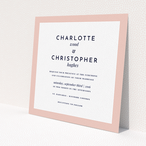 A personalised wedding invite named 'Script switch'. It is a square (148mm x 148mm) invite in a square orientation. 'Script switch' is available as a flat invite, with tones of pink and white.