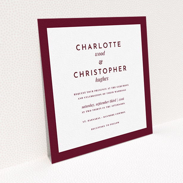 A personalised wedding invite template titled "Script switch". It is a square (148mm x 148mm) invite in a square orientation. "Script switch" is available as a flat invite, with tones of burgundy and white.