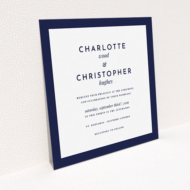 A personalised wedding invite design called "Script switch". It is a square (148mm x 148mm) invite in a square orientation. "Script switch" is available as a flat invite, with tones of navy blue and white.