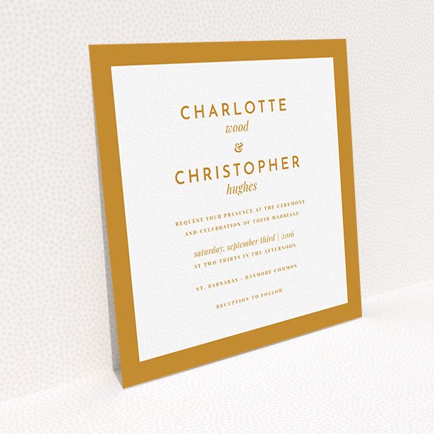 A personalised wedding invite design called "Script switch". It is a square (148mm x 148mm) invite in a square orientation. "Script switch" is available as a flat invite, with tones of orange and white.