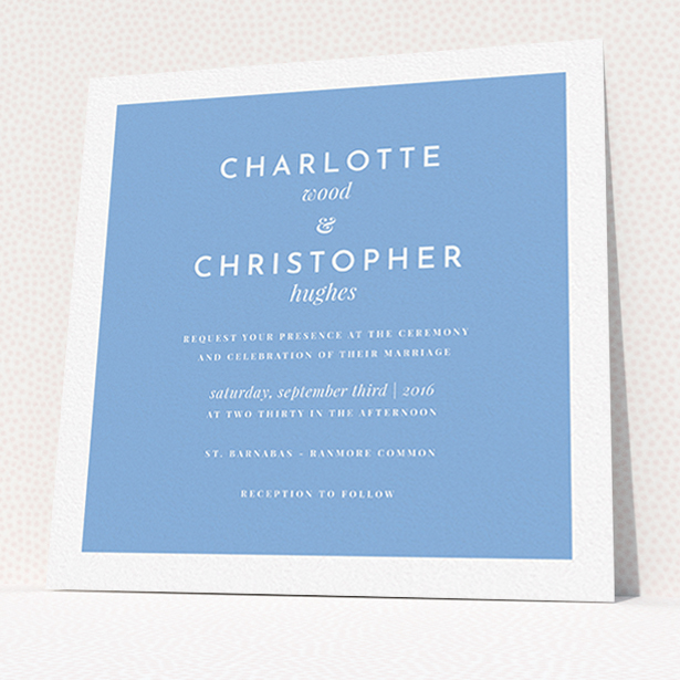 A personalised wedding invite named "Script switch". It is a square (148mm x 148mm) invite in a square orientation. "Script switch" is available as a flat invite, with tones of blue and white.