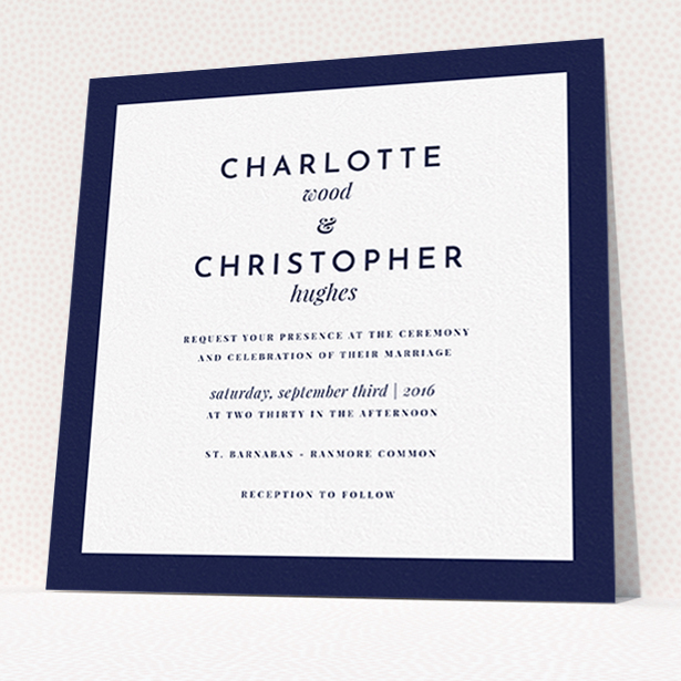 A personalised wedding invite design called "Script switch". It is a square (148mm x 148mm) invite in a square orientation. "Script switch" is available as a flat invite, with tones of navy blue and white.