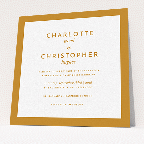 A personalised wedding invite design called "Script switch". It is a square (148mm x 148mm) invite in a square orientation. "Script switch" is available as a flat invite, with tones of orange and white.