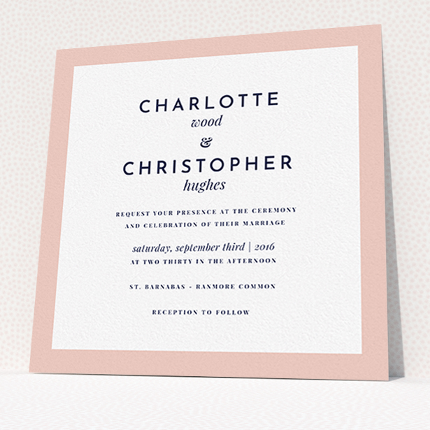 A personalised wedding invite named "Script switch". It is a square (148mm x 148mm) invite in a square orientation. "Script switch" is available as a flat invite, with tones of pink and white.