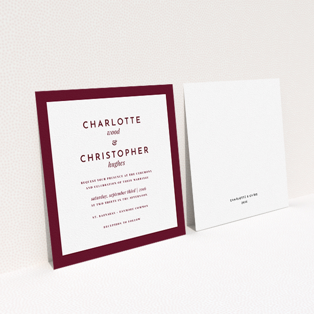 A personalised wedding invite template titled "Script switch". It is a square (148mm x 148mm) invite in a square orientation. "Script switch" is available as a flat invite, with tones of burgundy and white.