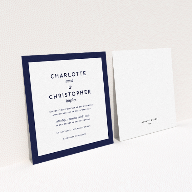 A personalised wedding invite design called "Script switch". It is a square (148mm x 148mm) invite in a square orientation. "Script switch" is available as a flat invite, with tones of navy blue and white.