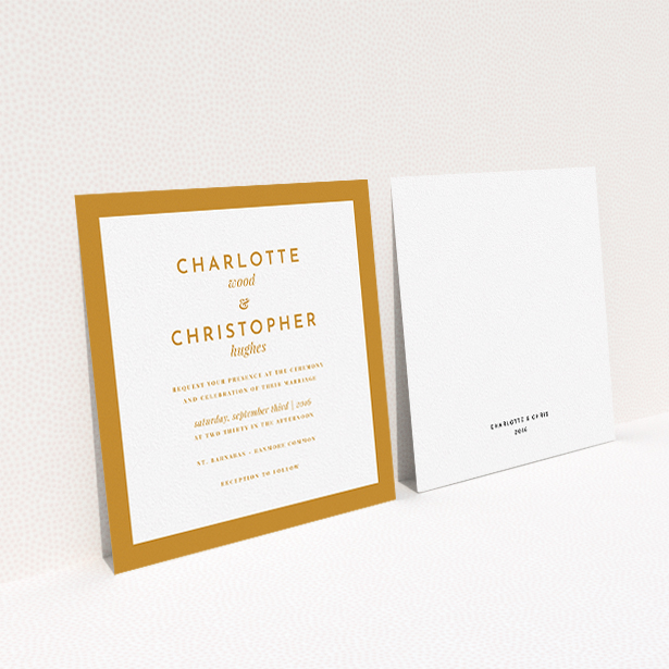 A personalised wedding invite design called "Script switch". It is a square (148mm x 148mm) invite in a square orientation. "Script switch" is available as a flat invite, with tones of orange and white.