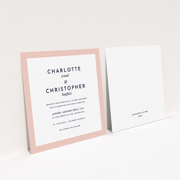 A personalised wedding invite named "Script switch". It is a square (148mm x 148mm) invite in a square orientation. "Script switch" is available as a flat invite, with tones of pink and white.