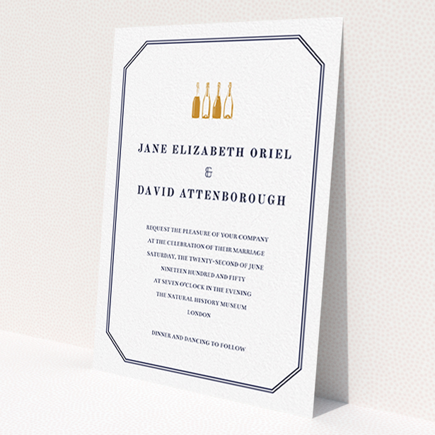 A personalised wedding invite called 'See you at the reception'. It is an A6 invite in a portrait orientation. 'See you at the reception' is available as a flat invite, with tones of navy blue and white.