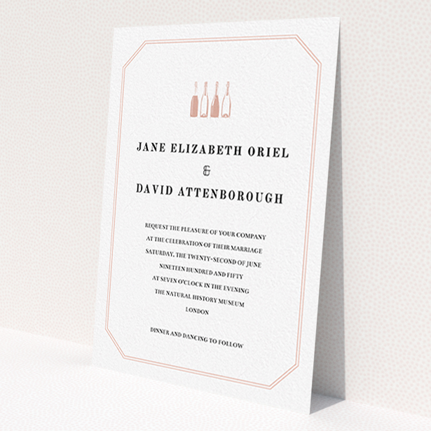 A personalised wedding invite design named 'See you at the reception'. It is an A6 invite in a portrait orientation. 'See you at the reception' is available as a flat invite, with tones of pink and white.