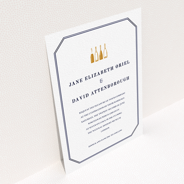 A personalised wedding invite called "See you at the reception". It is an A6 invite in a portrait orientation. "See you at the reception" is available as a flat invite, with tones of navy blue and white.