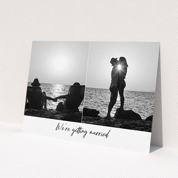 A personalised wedding invite called 'Side By Side Photo'. It is an A6 invite in a landscape orientation. It is a photographic personalised wedding invite with room for 2 photos. 'Side By Side Photo' is available as a flat invite, with mainly white colouring.