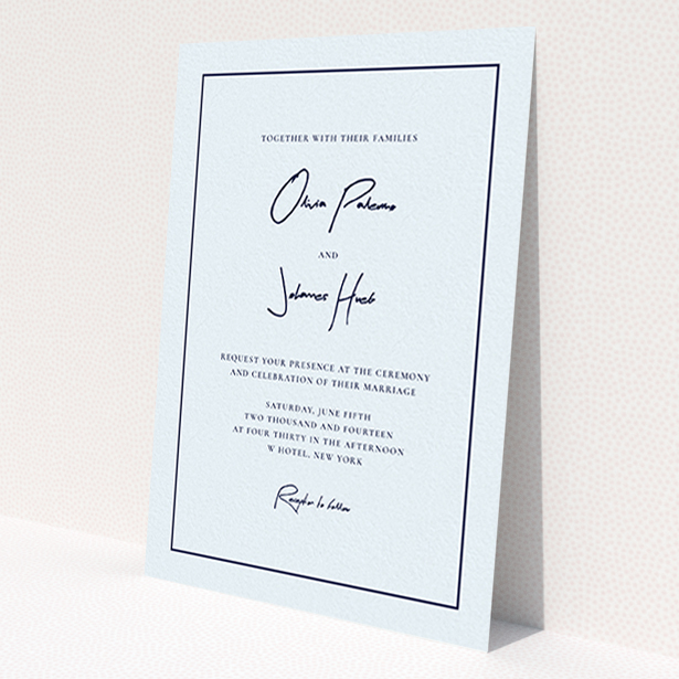 A personalised wedding invite template titled 'Signature script'. It is an A6 invite in a portrait orientation. 'Signature script' is available as a flat invite, with mainly light blue colouring.