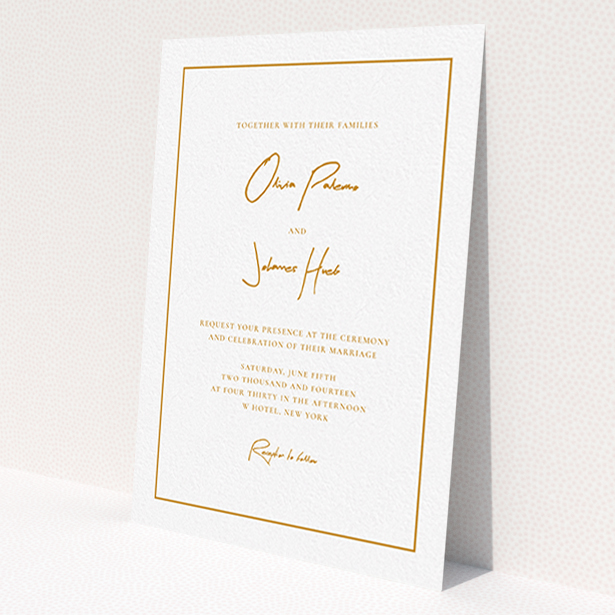 A personalised wedding invite template titled 'Signature script'. It is an A6 invite in a portrait orientation. 'Signature script' is available as a flat invite, with tones of white and orange.