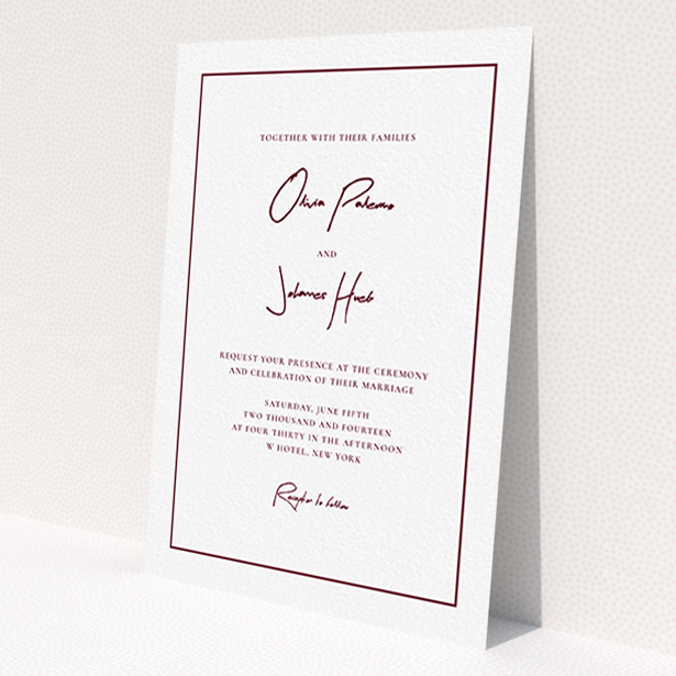 A personalised wedding invite named 'Signature script'. It is an A6 invite in a portrait orientation. 'Signature script' is available as a flat invite, with tones of white and burgundy.