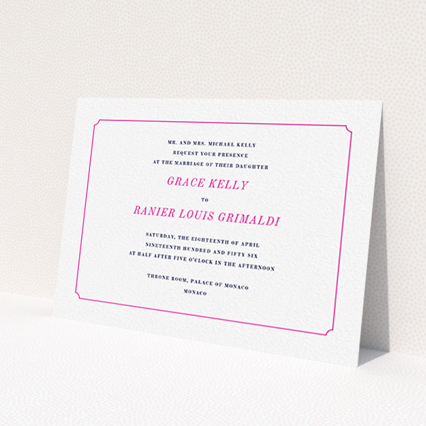 A personalised wedding invite design called 'Simple circle border'. It is an A6 invite in a landscape orientation. 'Simple circle border' is available as a flat invite, with tones of white and pink.