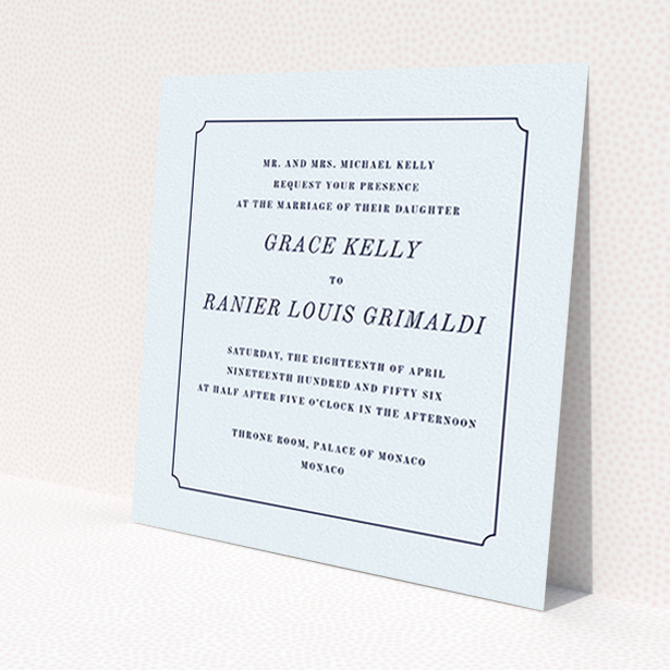 A personalised wedding invite called 'Simple circle border'. It is a square (148mm x 148mm) invite in a square orientation. 'Simple circle border' is available as a flat invite, with mainly light blue colouring.
