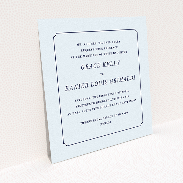 A personalised wedding invite called "Simple circle border". It is a square (148mm x 148mm) invite in a square orientation. "Simple circle border" is available as a flat invite, with mainly light blue colouring.