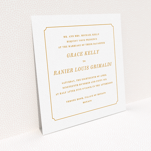 A personalised wedding invite design titled "Simple circle border". It is a square (148mm x 148mm) invite in a square orientation. "Simple circle border" is available as a flat invite, with tones of white and orange.
