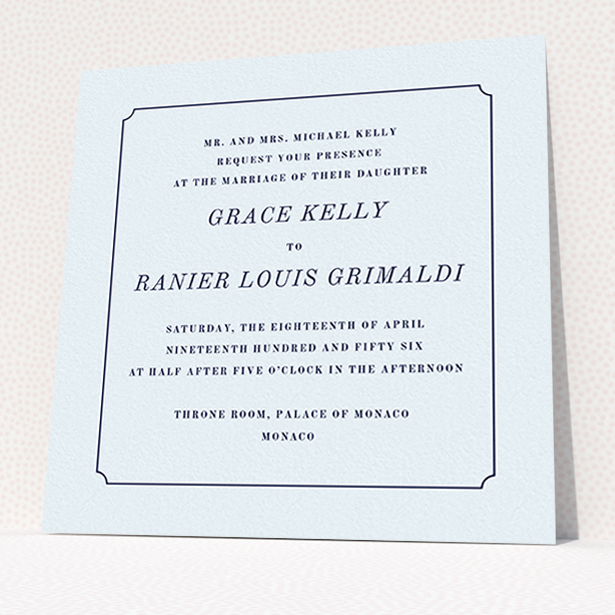 A personalised wedding invite called "Simple circle border". It is a square (148mm x 148mm) invite in a square orientation. "Simple circle border" is available as a flat invite, with mainly light blue colouring.