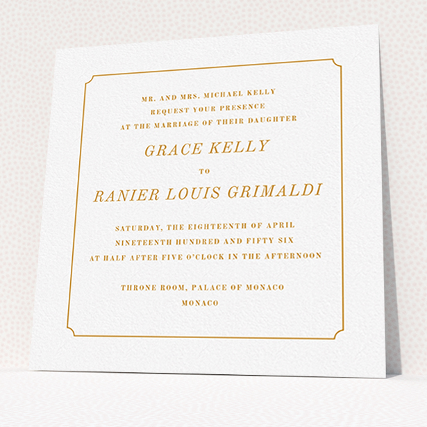 A personalised wedding invite design titled "Simple circle border". It is a square (148mm x 148mm) invite in a square orientation. "Simple circle border" is available as a flat invite, with tones of white and orange.