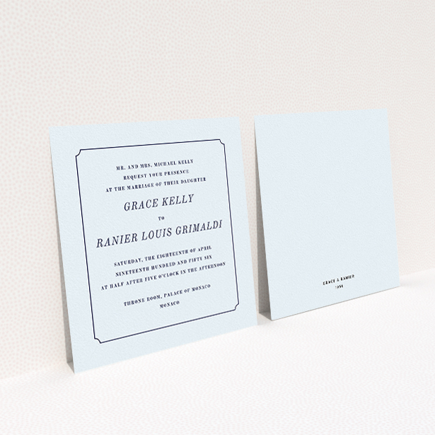 A personalised wedding invite called "Simple circle border". It is a square (148mm x 148mm) invite in a square orientation. "Simple circle border" is available as a flat invite, with mainly light blue colouring.