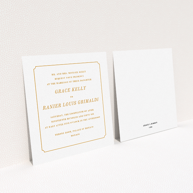 A personalised wedding invite design titled "Simple circle border". It is a square (148mm x 148mm) invite in a square orientation. "Simple circle border" is available as a flat invite, with tones of white and orange.