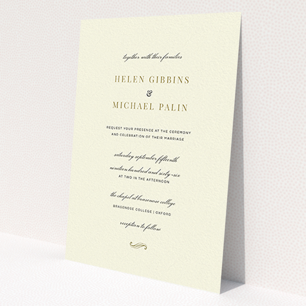 A personalised wedding invite named 'Simple flourish'. It is an A6 invite in a portrait orientation. 'Simple flourish' is available as a flat invite, with tones of cream and gold.