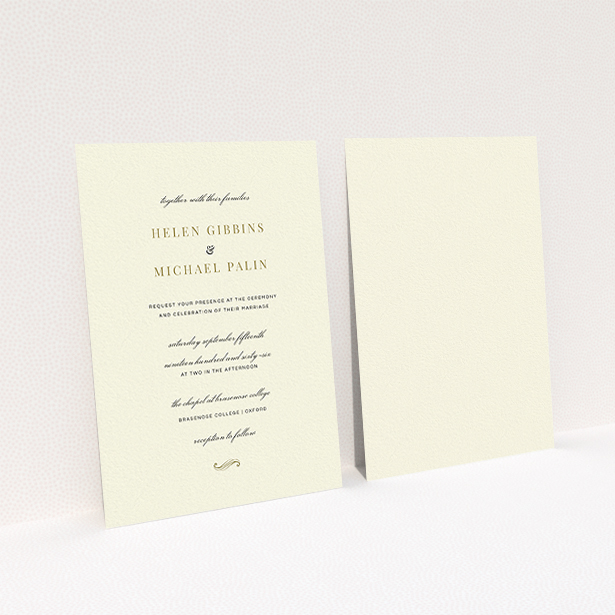 A personalised wedding invite named "Simple flourish". It is an A6 invite in a portrait orientation. "Simple flourish" is available as a flat invite, with tones of cream and gold.