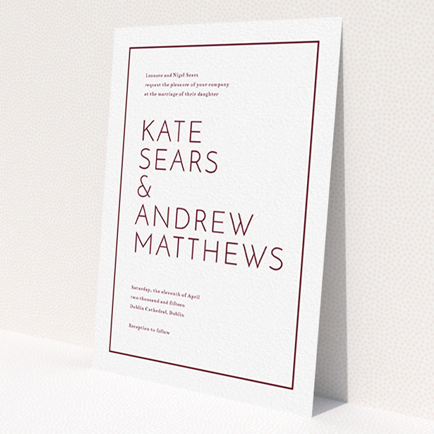 A personalised wedding invite template titled 'Simple lines'. It is an A6 invite in a portrait orientation. 'Simple lines' is available as a flat invite, with tones of white and burgundy.