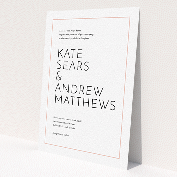 A personalised wedding invite named 'Simple lines'. It is an A6 invite in a portrait orientation. 'Simple lines' is available as a flat invite, with tones of white and pink.