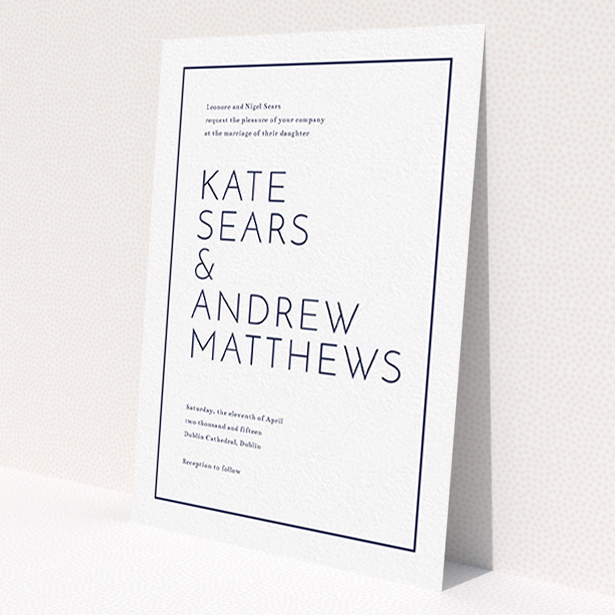 A personalised wedding invite design called 'Simple lines'. It is an A6 invite in a portrait orientation. 'Simple lines' is available as a flat invite, with mainly white colouring.