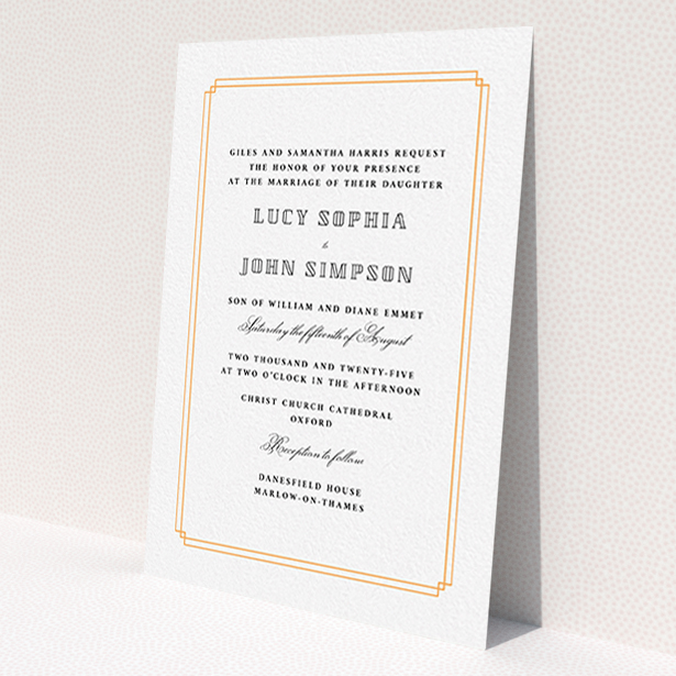 A personalised wedding invite called 'Simplistic Notch Frame'. It is an A6 invite in a portrait orientation. 'Simplistic Notch Frame' is available as a flat invite, with tones of orange and white.